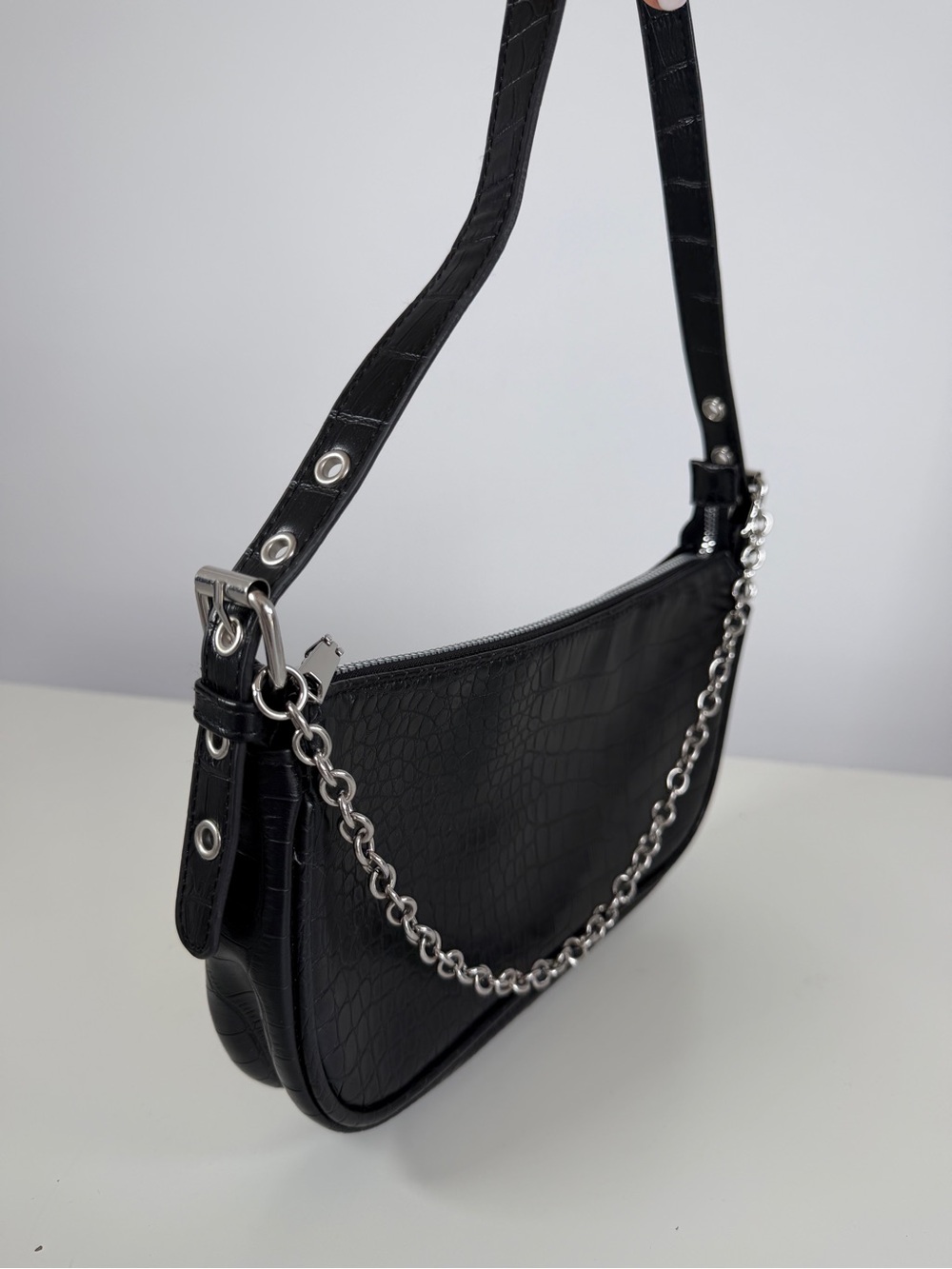 Black Croc-Embossed Shoulder Bag with Silver Chain